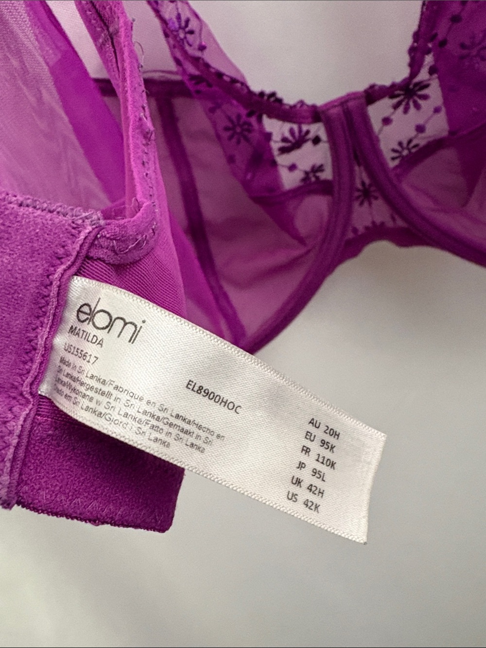 Elomi Womens Matilda Underwire Bra Size 42K US Purple Lace Sheer Floral Plunge - Picture 7 of 7
